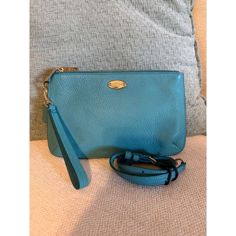 Coach Turquoise Pebbled Leather Double Zip Convertible Crossbody Wristlet Bag